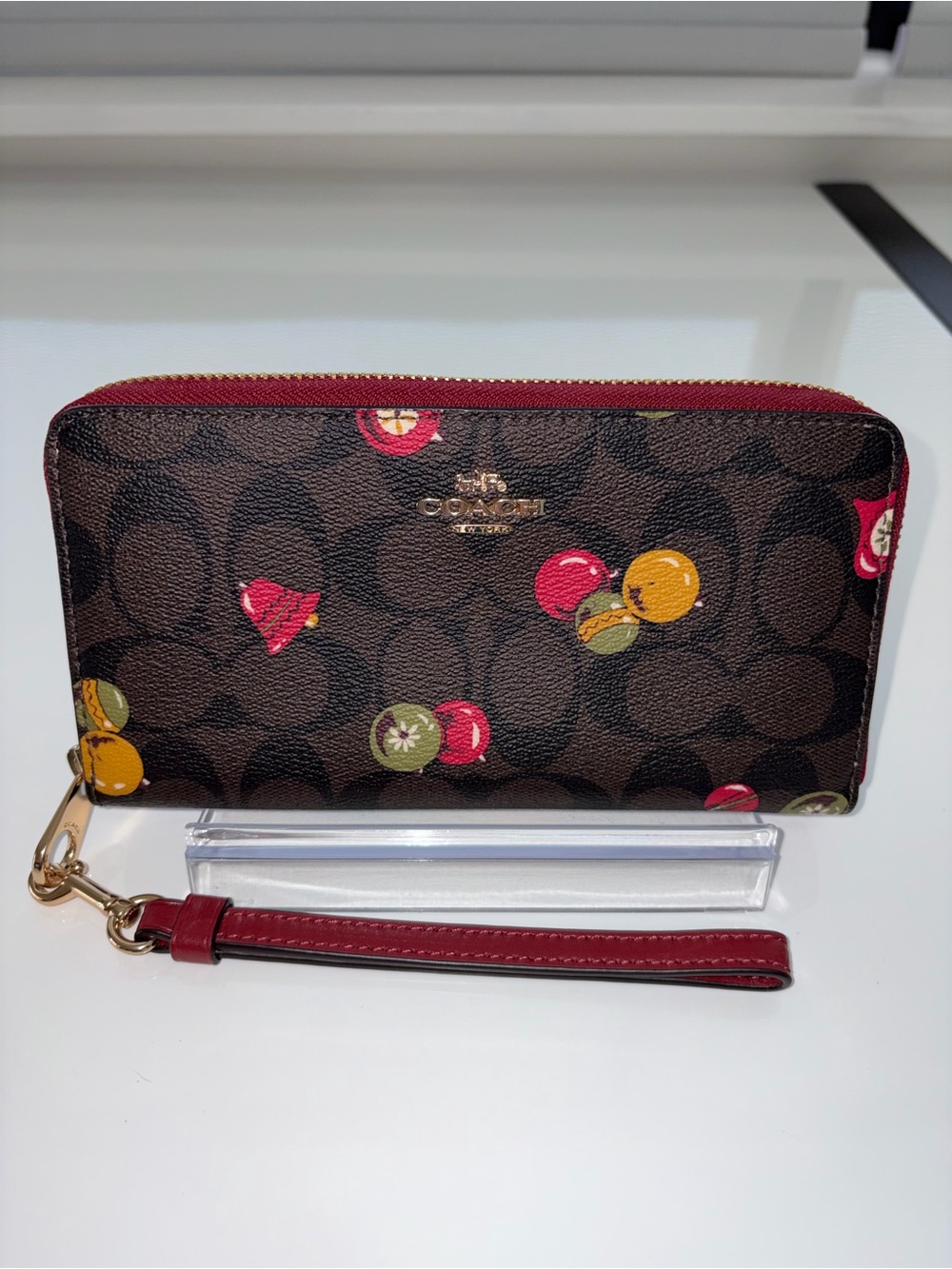 Coach Brown Signature Long Zip Wallet with Christmas Ornaments and Red Trim